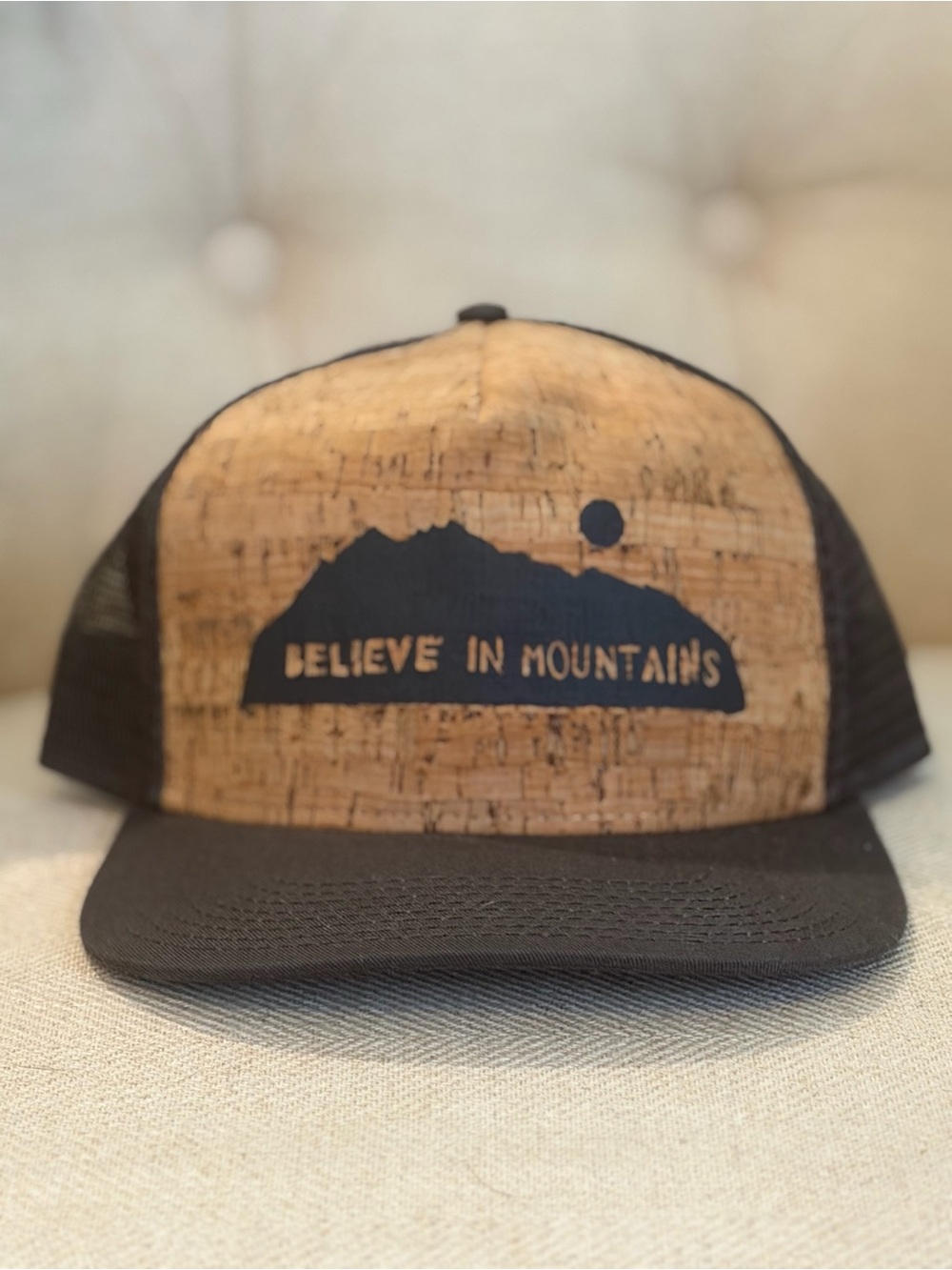 Believe in Mountains Cork Front Trucker Hat - Gray